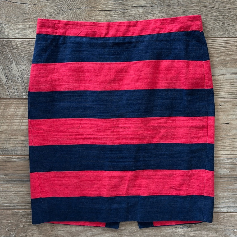 Women's Sz 10 J.CREW Red & Blue Striped Cotton/Linen Blend Lined Pencil Skirt